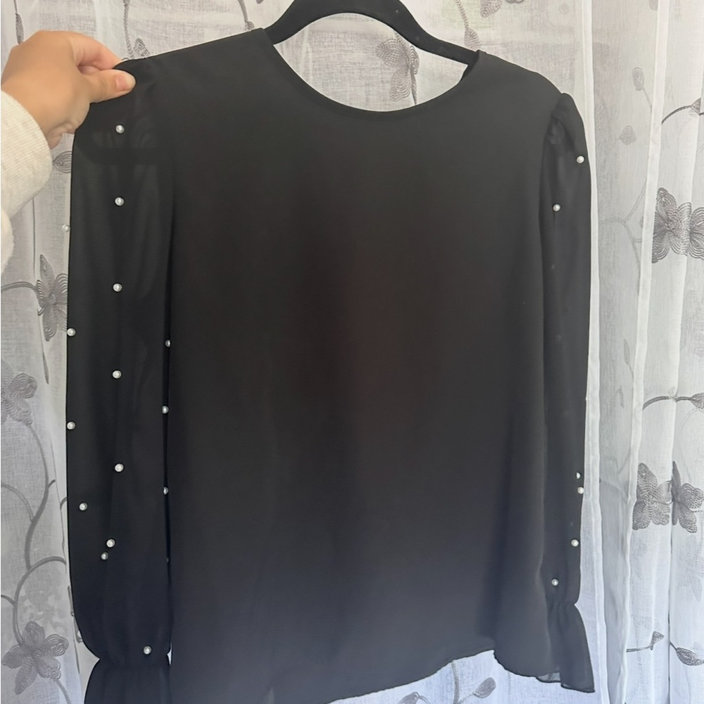 Black Pearl-Embellished Long Sleeve Women's Top